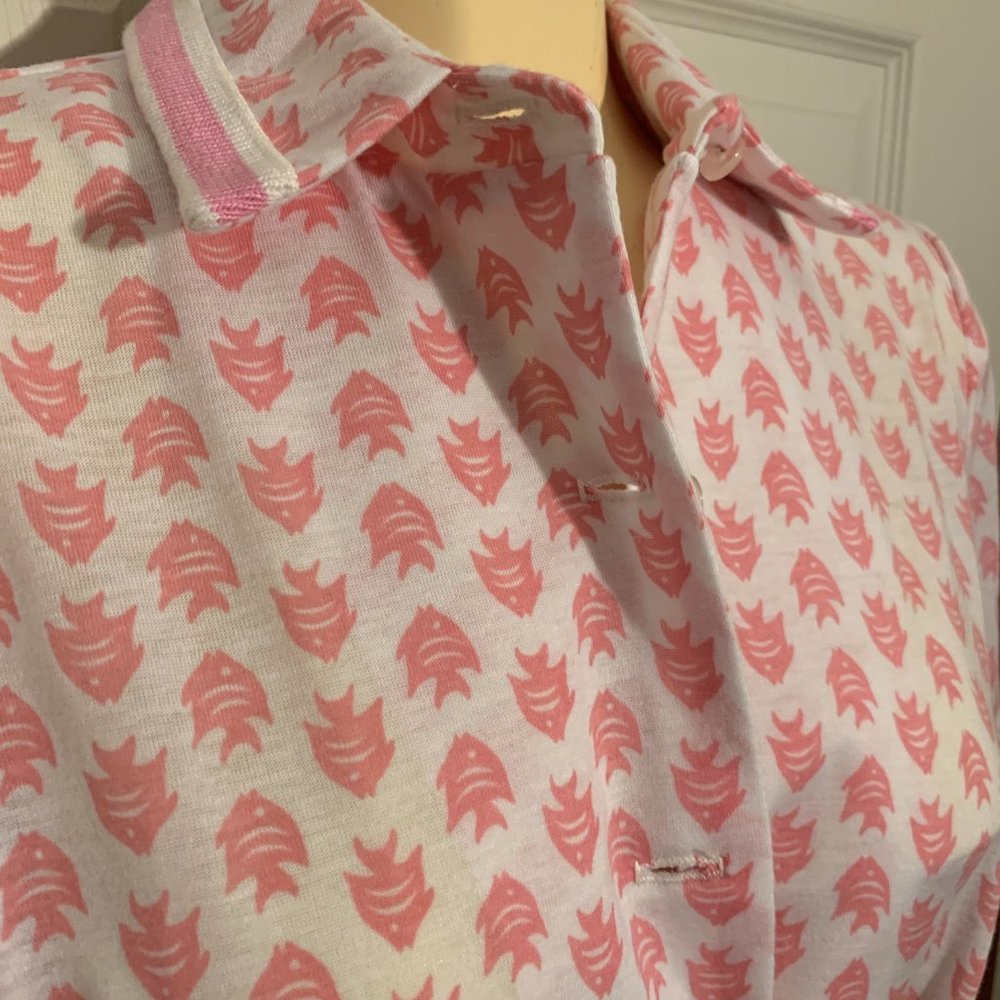 Vintage 1970s Shirt Dress Size Large Pink Fish Pattern Mid Calf Tie Waist - Picture 7 of 8